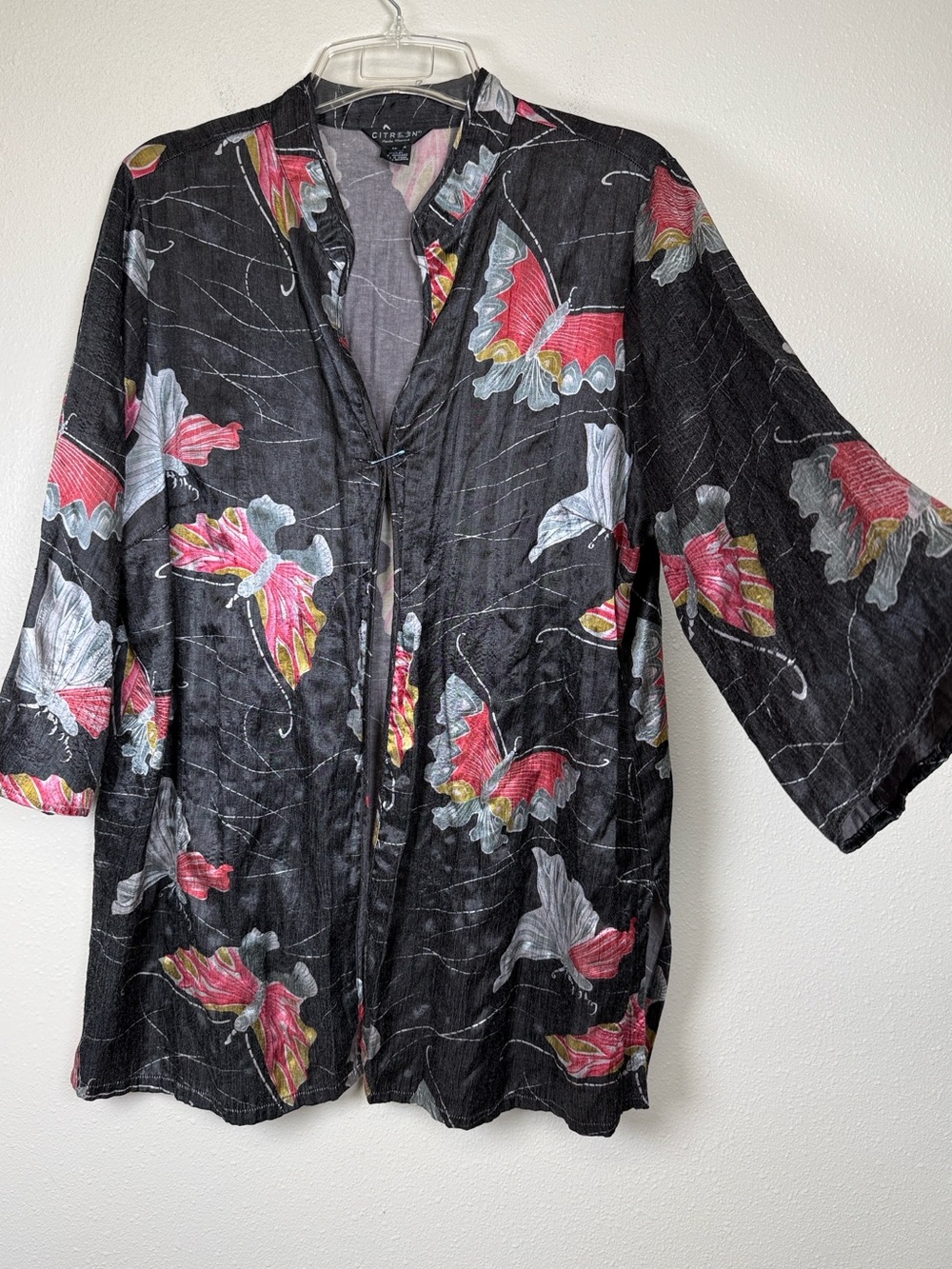 Citron Santa Monica 1X Butterfly Kimono Jacket Art To Wear Textured Black Flaws